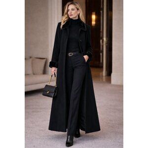 Novelti Vintage Wool Blend Long Maxi Coat Faux Fur Trim Black Size 13/14